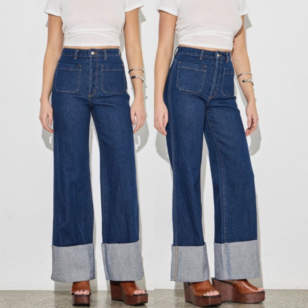 Rolla's Womens Jeans 32 Sailor Jean Riley Blue High Rise Wide Leg Cuffed Denim